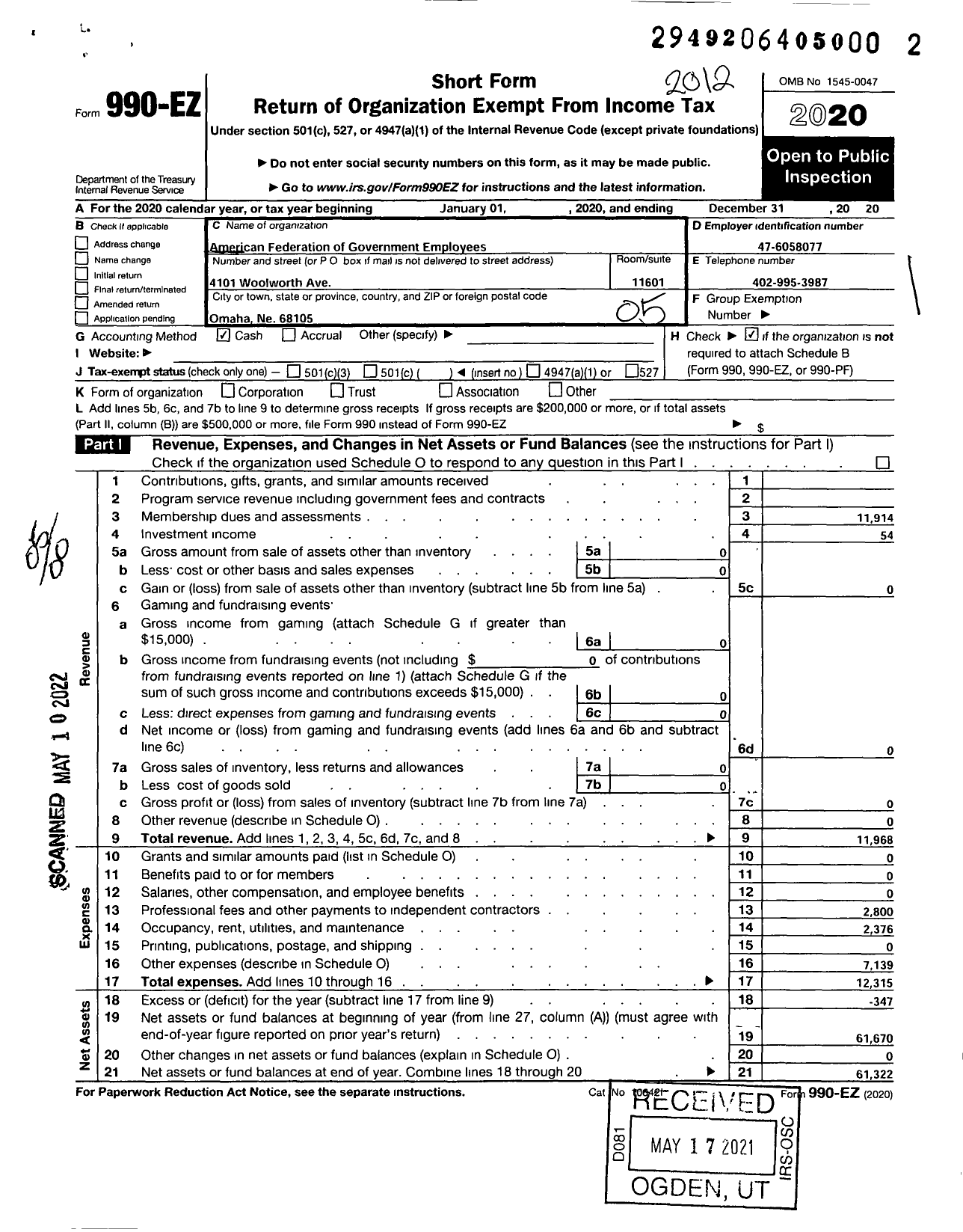 Image of first page of 2020 Form 990EO for American Federation of Government Employees - 2270 Afge Va Local