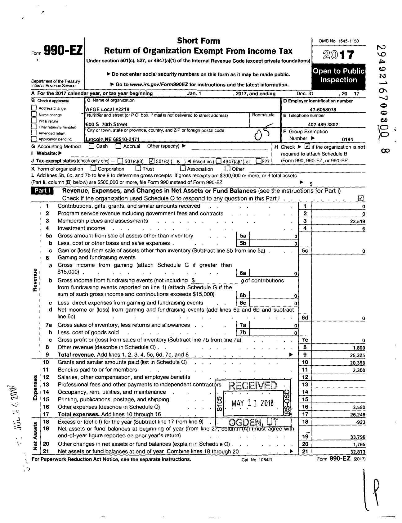 Image of first page of 2017 Form 990EO for American Federation of Government Employees - 2219 Afge Va Local