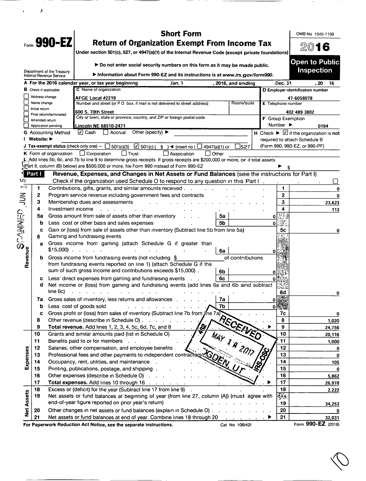 Image of first page of 2016 Form 990EO for American Federation of Government Employees - 2219 Afge Va Local