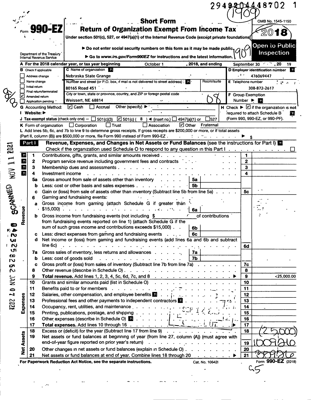 Image of first page of 2018 Form 990EO for Nebraska State Grange of the Order of Patrons of Husbandry