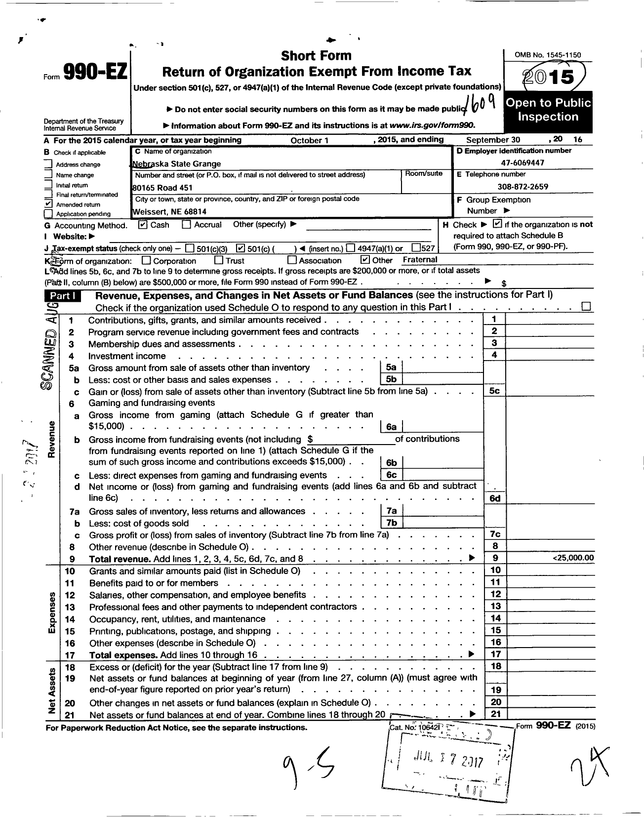 Image of first page of 2015 Form 990EO for Nebraska State Grange of the Order of Patrons of Husbandry