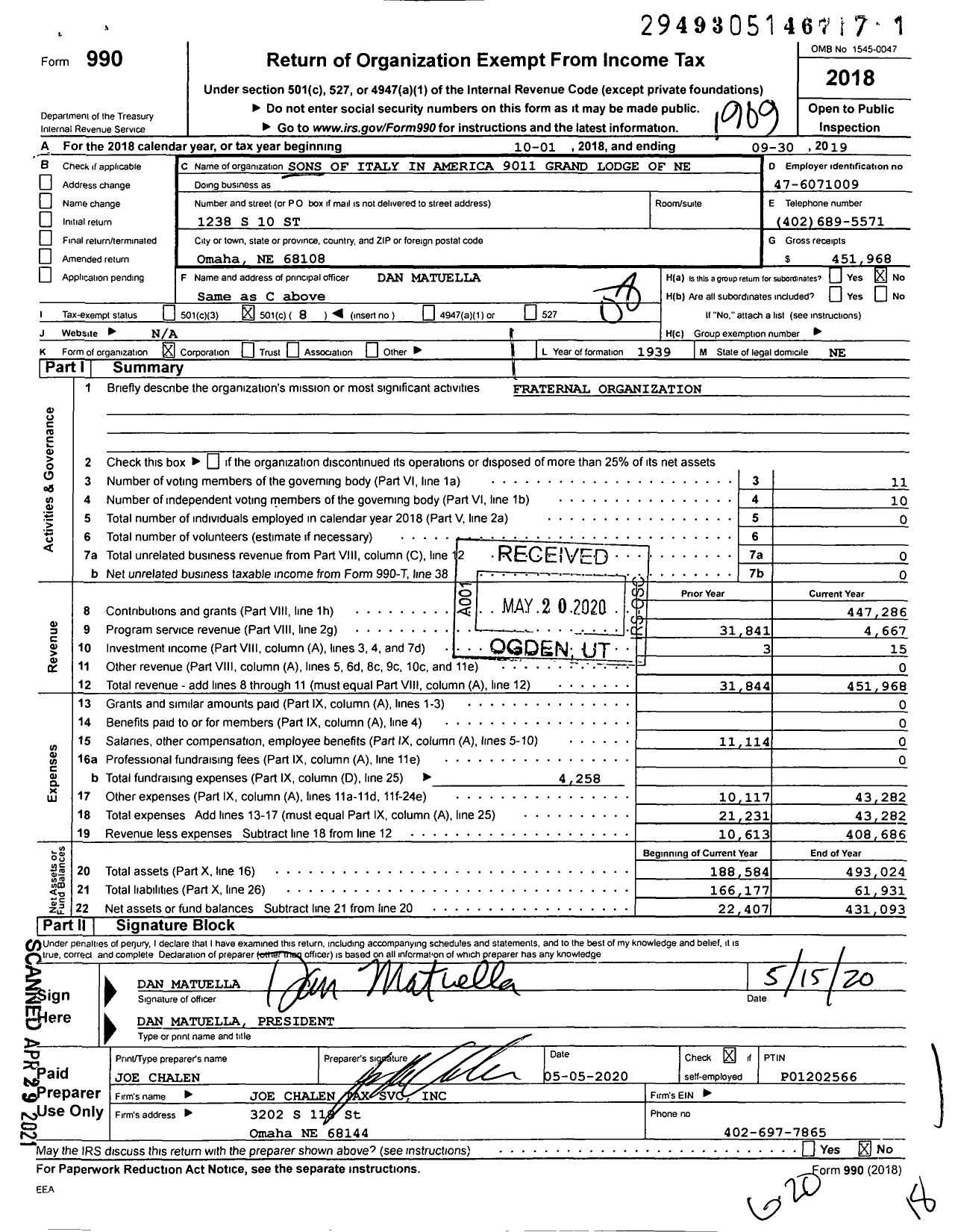 Image of first page of 2018 Form 990O for Order Sons and Daughters of Italy in America - 9012 Grand Lodge of Nebraska