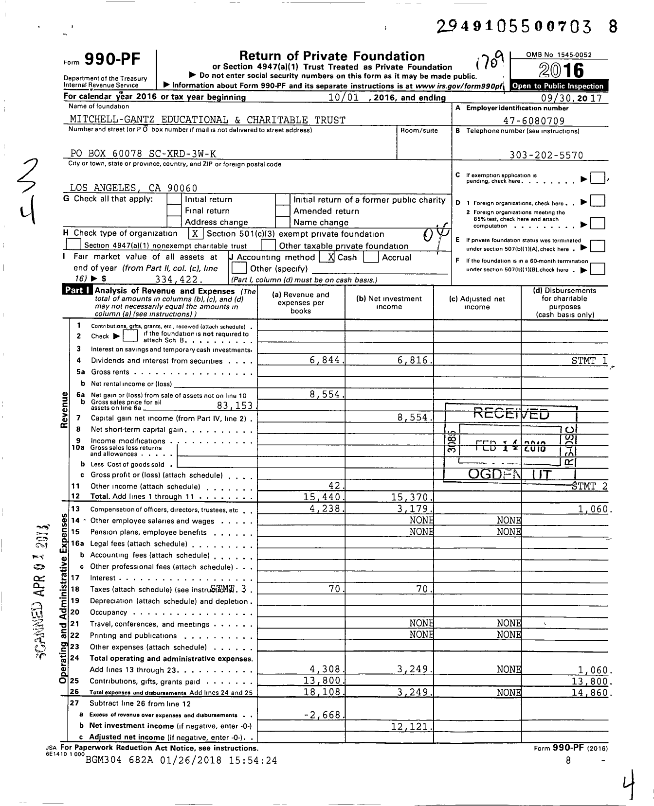 Image of first page of 2016 Form 990PF for Mitchell-Gantz Educational and Charitable Trust