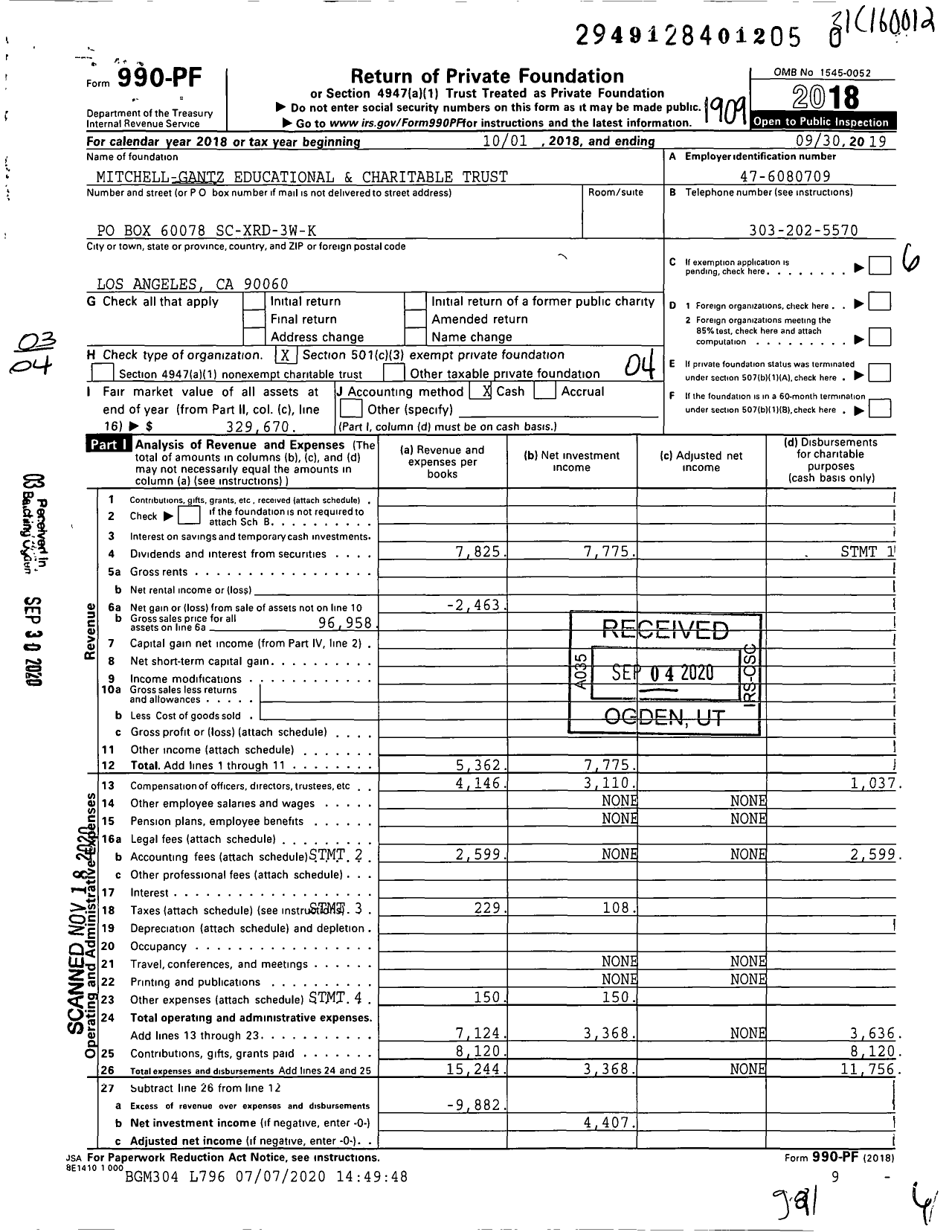 Image of first page of 2018 Form 990PF for Mitchell-Gantz Educational and Charitable Trust