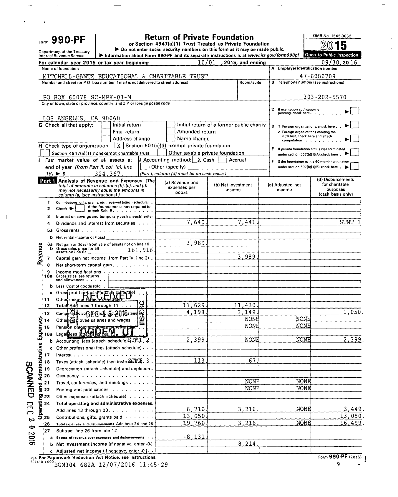 Image of first page of 2015 Form 990PF for Mitchell-Gantz Educational and Charitable Trust