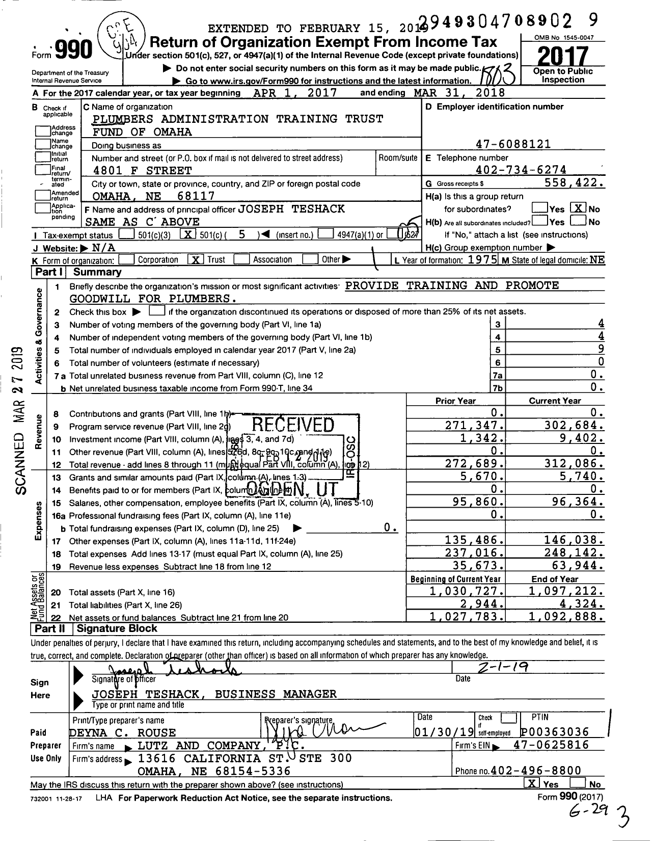 Image of first page of 2017 Form 990O for Plumbers Administration Training Trust Fund of Omaha
