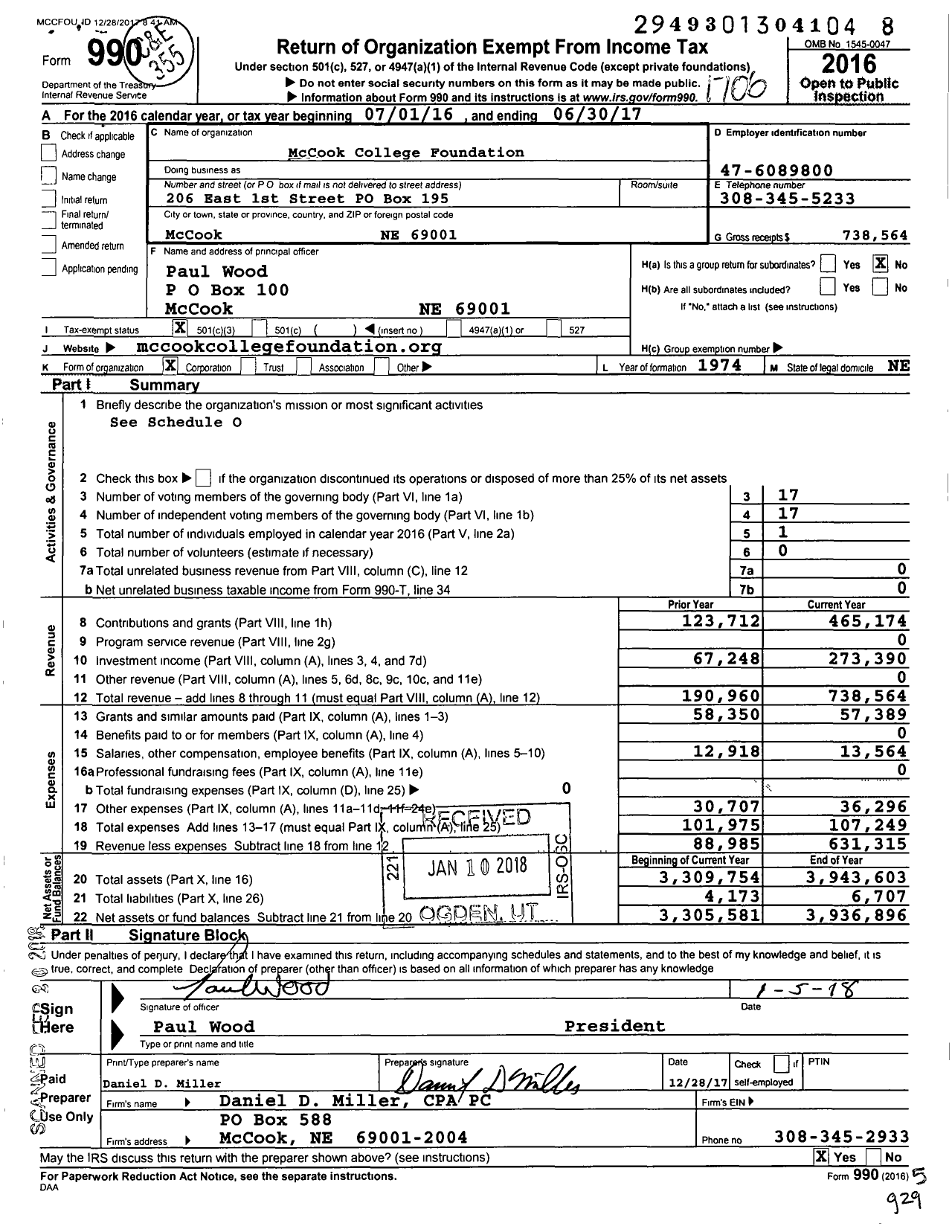 Image of first page of 2016 Form 990 for Mccook College Foundation