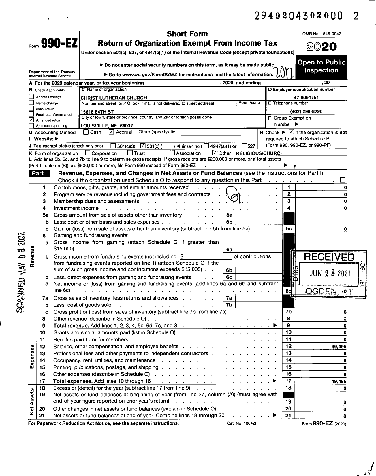 Image of first page of 2020 Form 990EO for Christ Lutheran Church