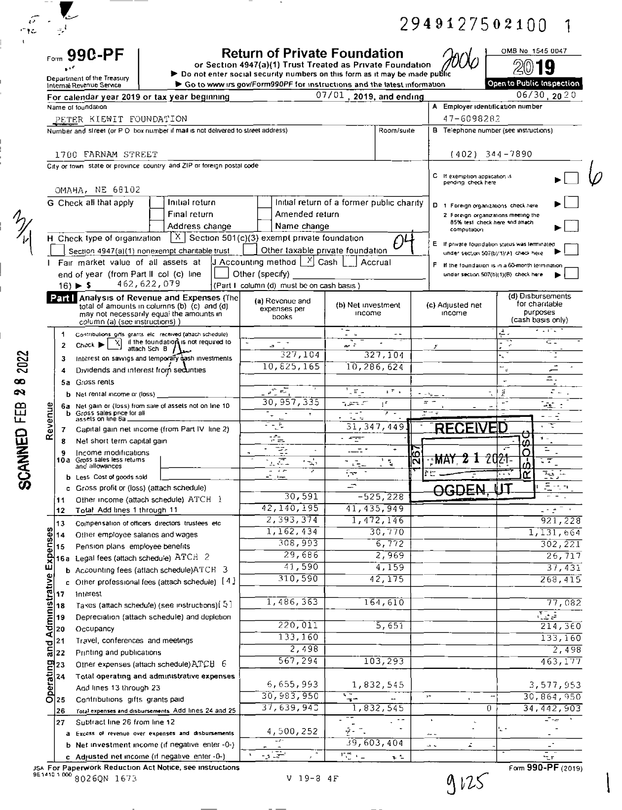 Image of first page of 2019 Form 990PF for Peter Kiewit Foundation