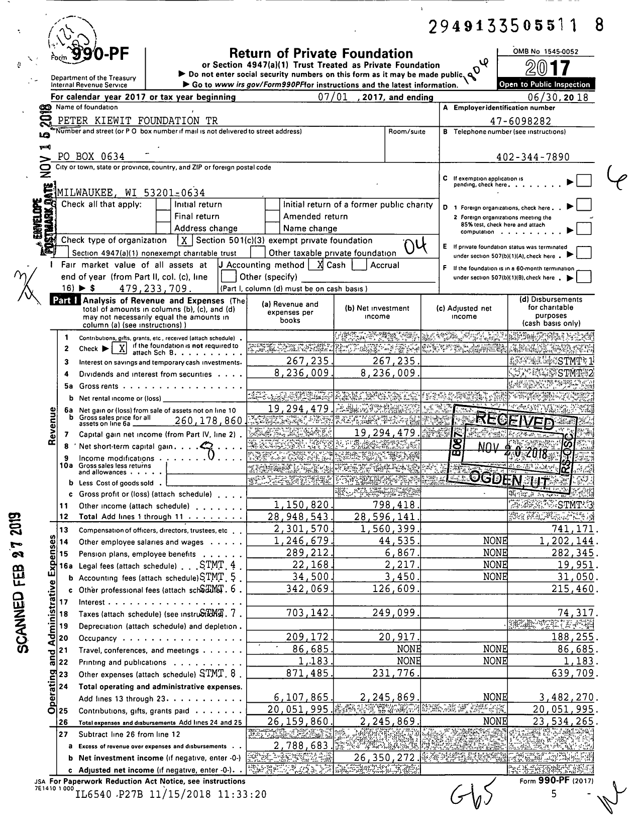 Image of first page of 2017 Form 990PF for Peter Kiewit Foundation