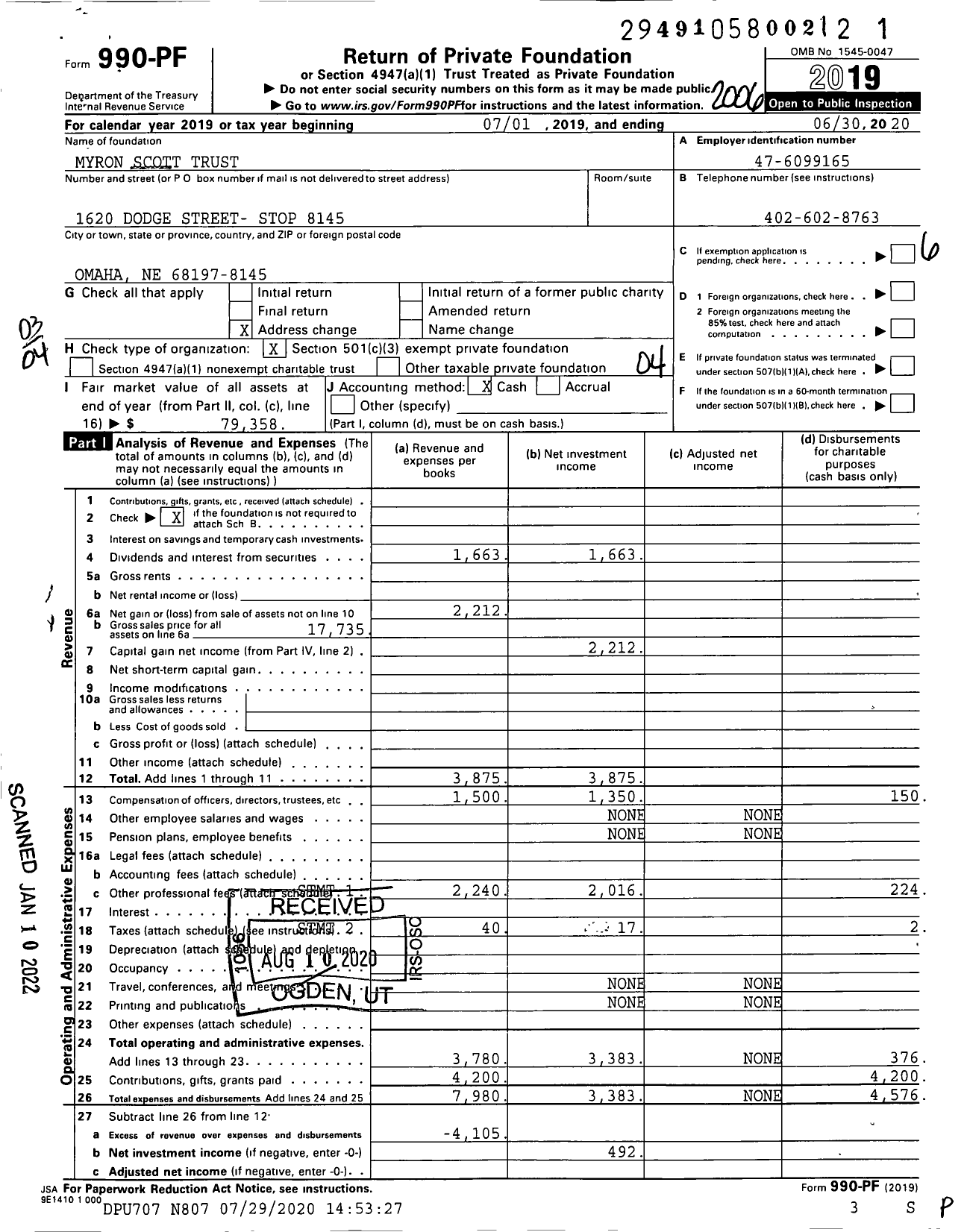 Image of first page of 2019 Form 990PF for Myron Scott Trust