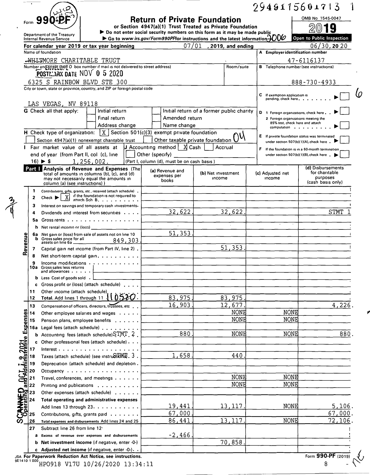 Image of first page of 2019 Form 990PF for Whitmore Charitable Trust