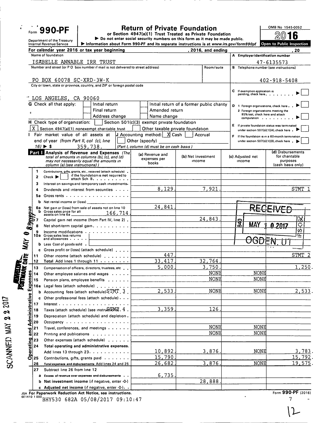 Image of first page of 2016 Form 990PF for Isabelle Annable Irr Trust