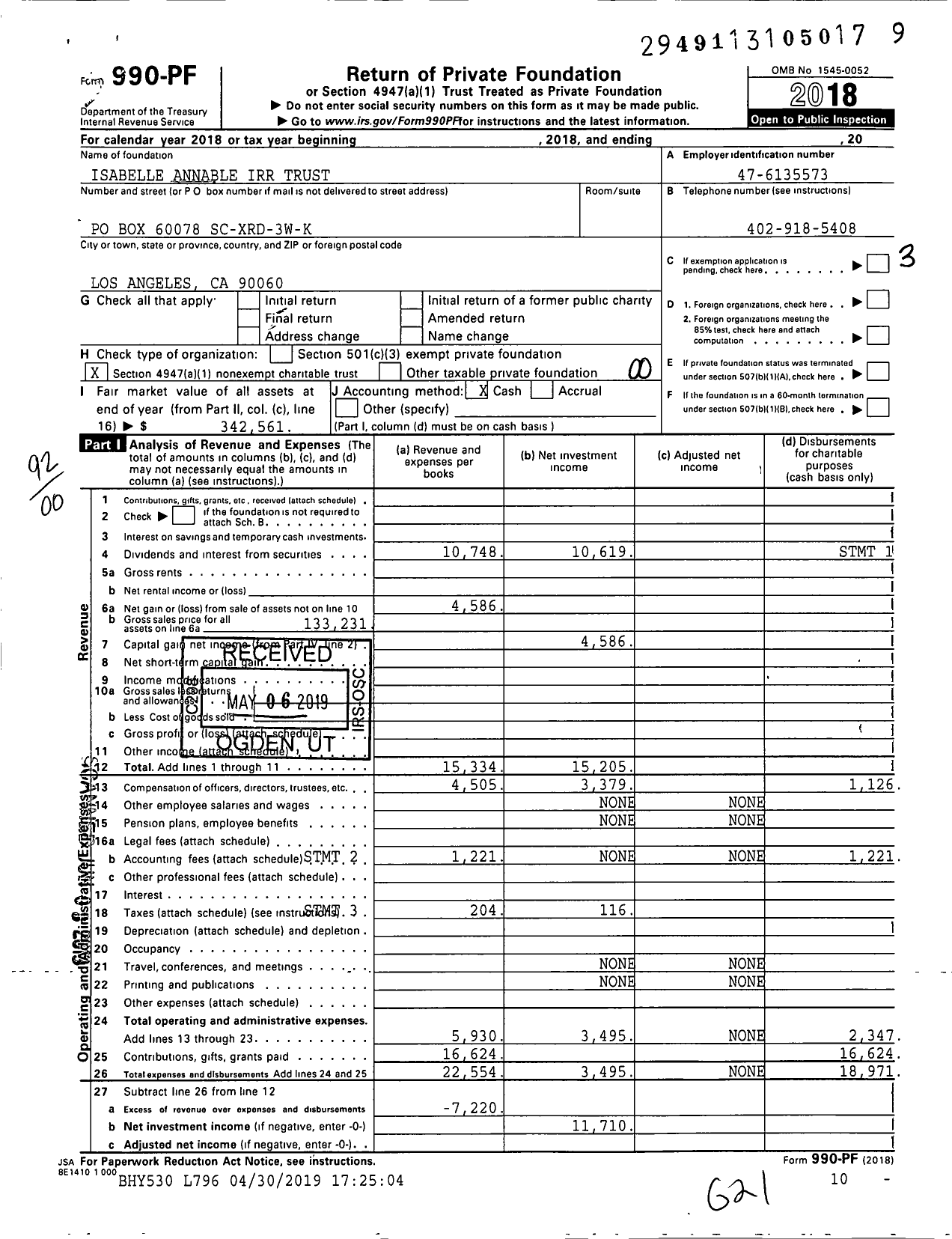 Image of first page of 2018 Form 990PF for Isabelle Annable Irr Trust