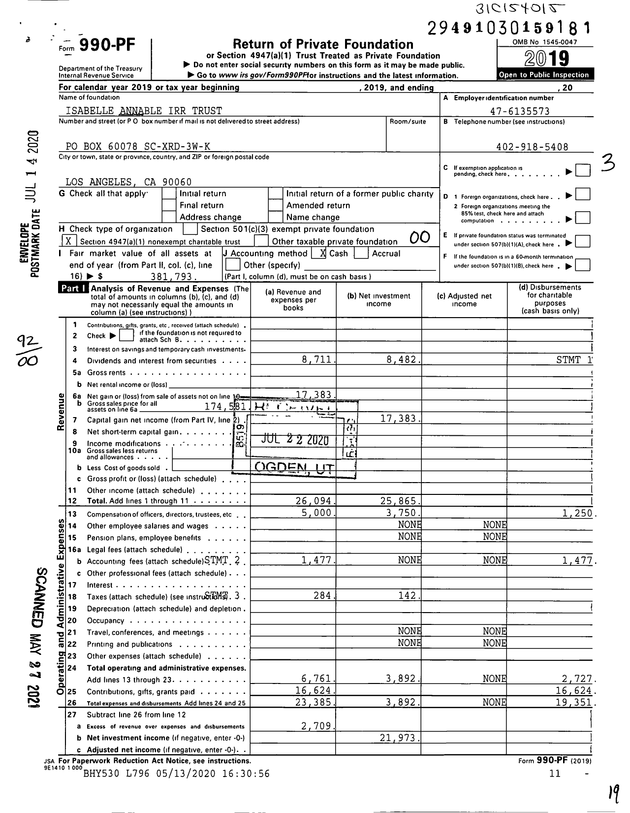 Image of first page of 2019 Form 990PF for Isabelle Annable Irr Trust