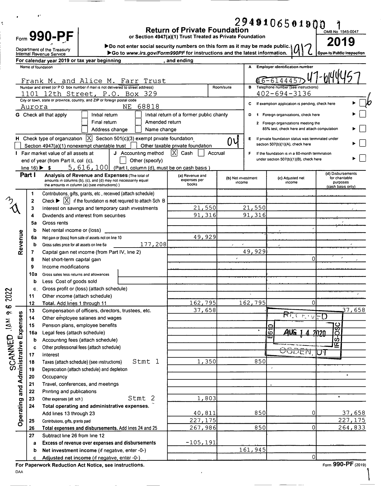Image of first page of 2019 Form 990PF for Frank M and Alice M Farr Trust