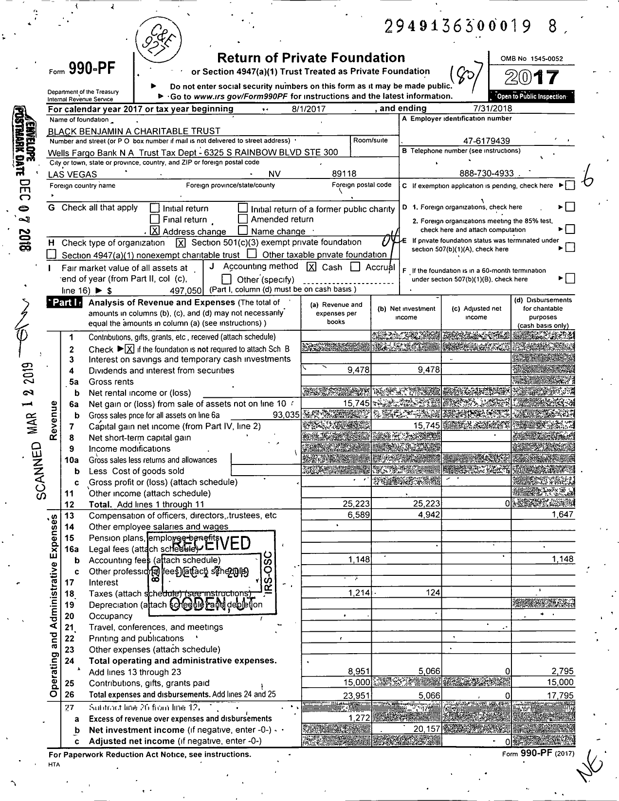 Image of first page of 2017 Form 990PF for Black Benjamin A Char