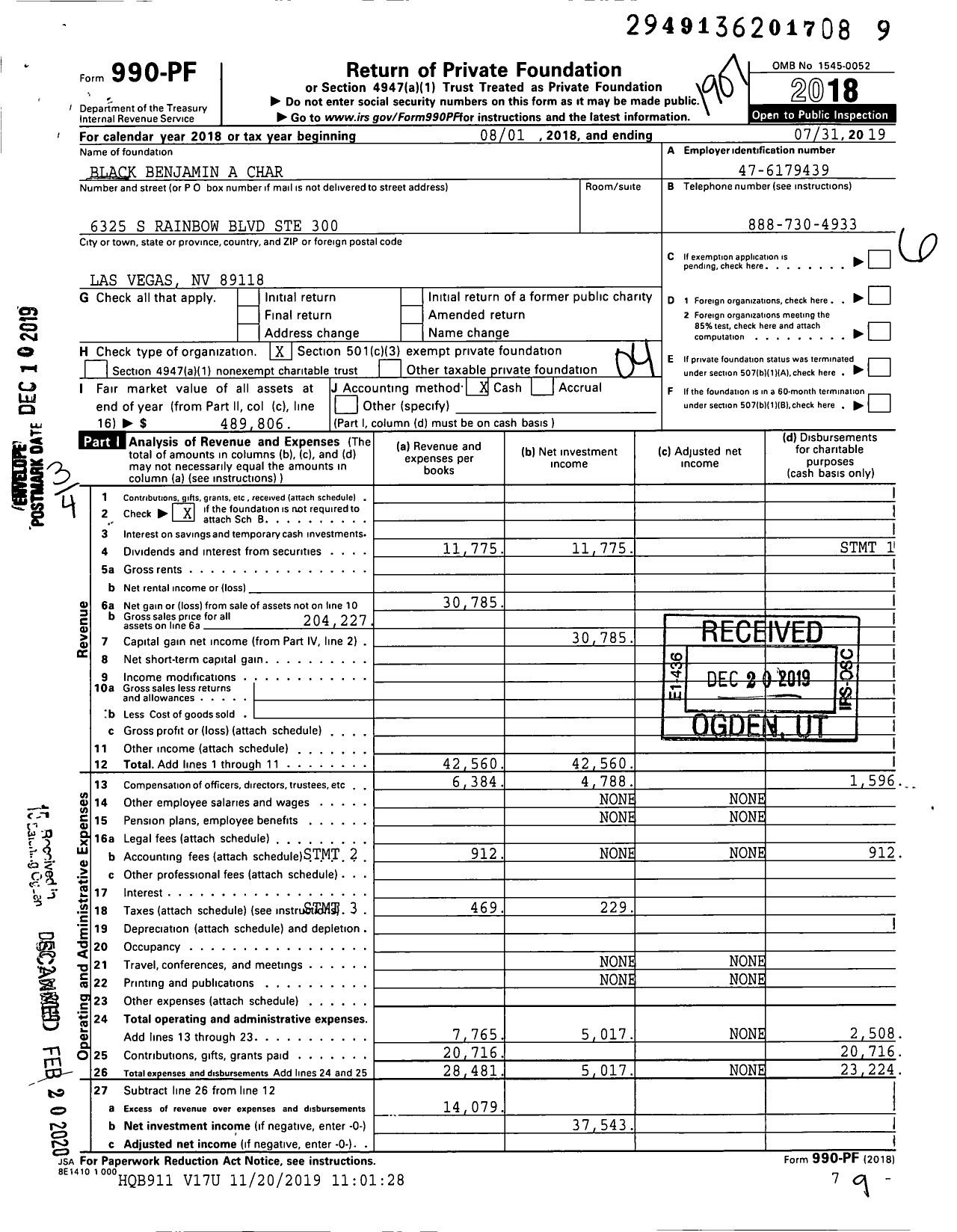 Image of first page of 2018 Form 990PR for Black Benjamin A Char