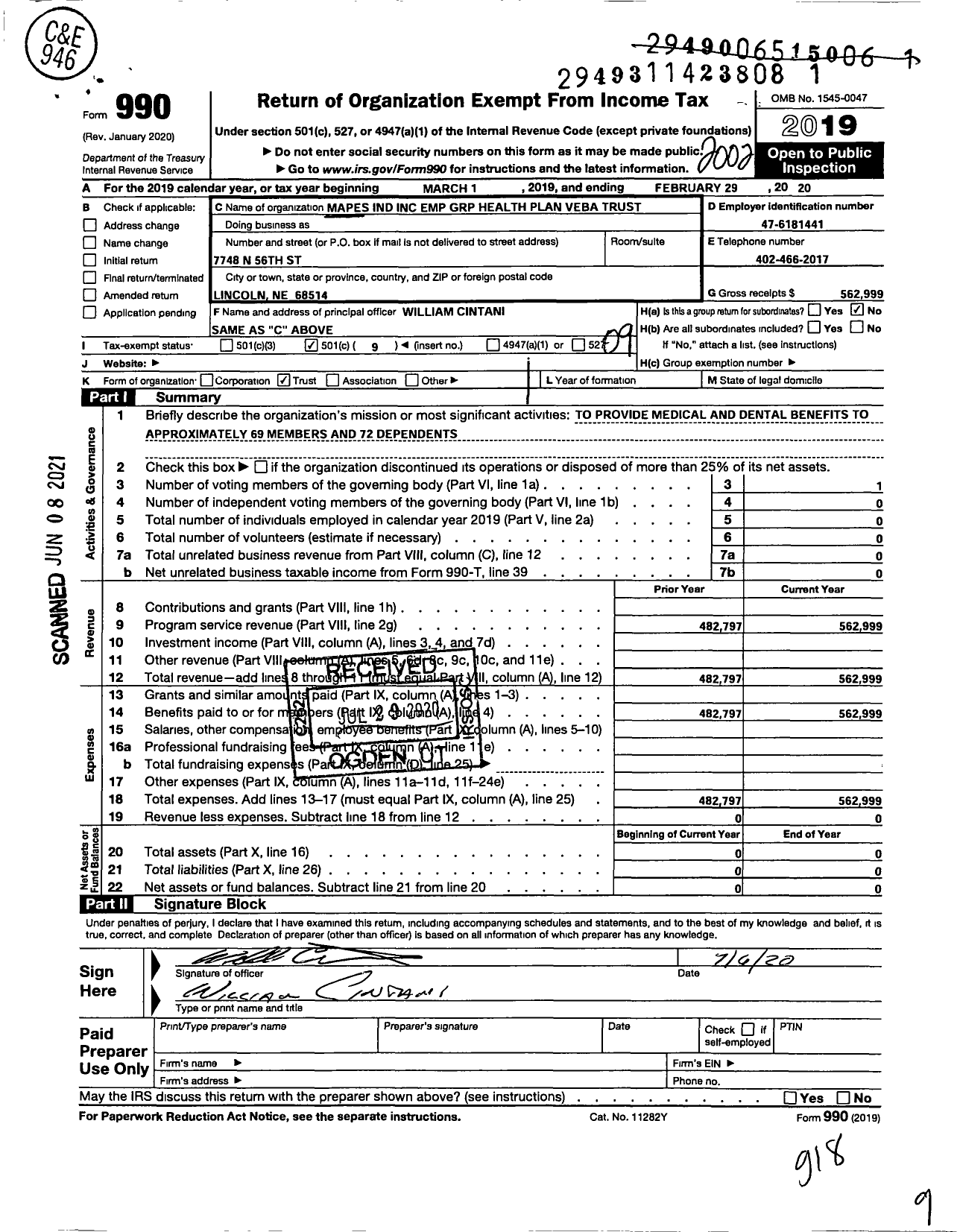 Image of first page of 2019 Form 990O for Mapes Industries Employees Group Health Plan Veba Trust