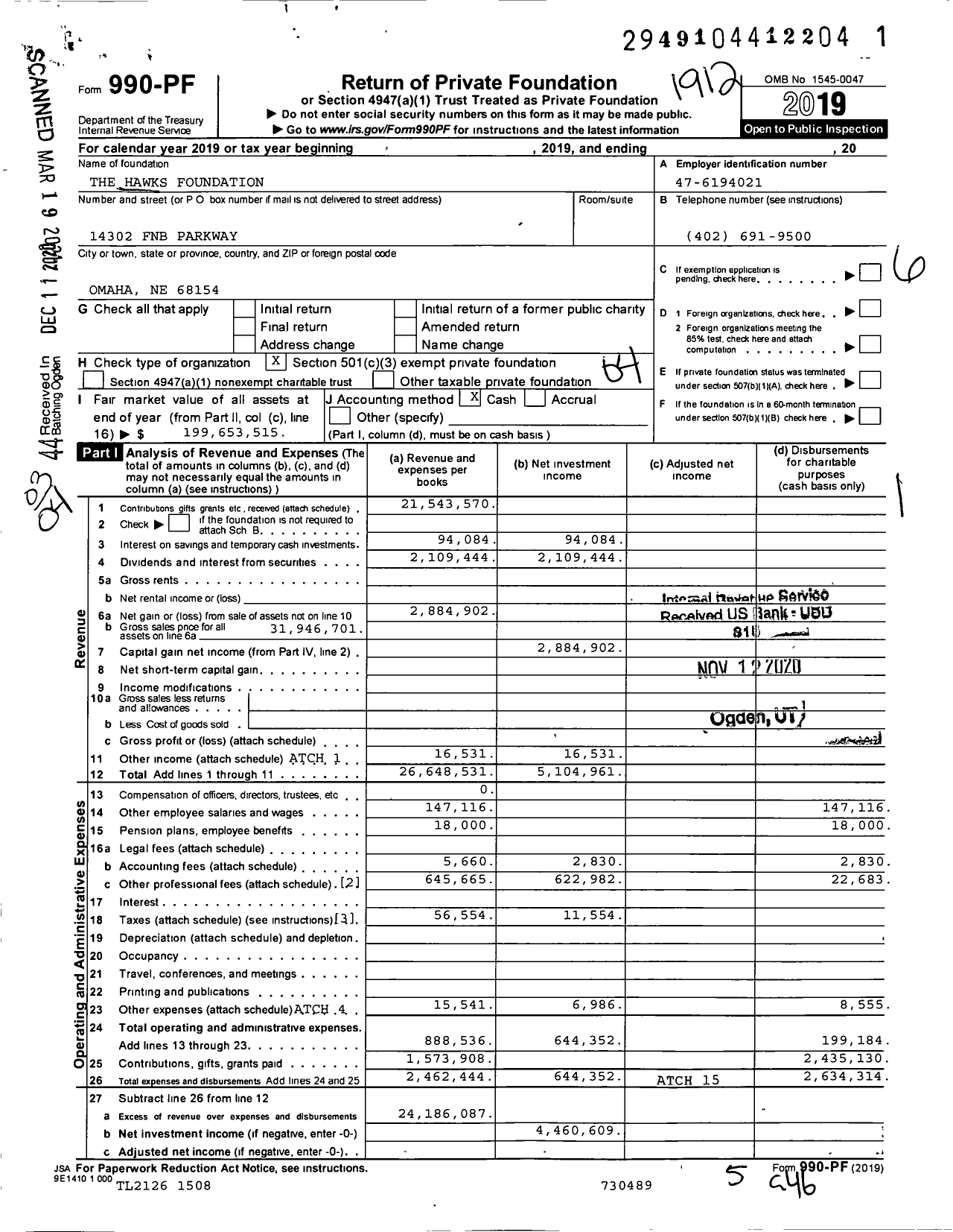 Image of first page of 2019 Form 990PF for The Hawks Foundation