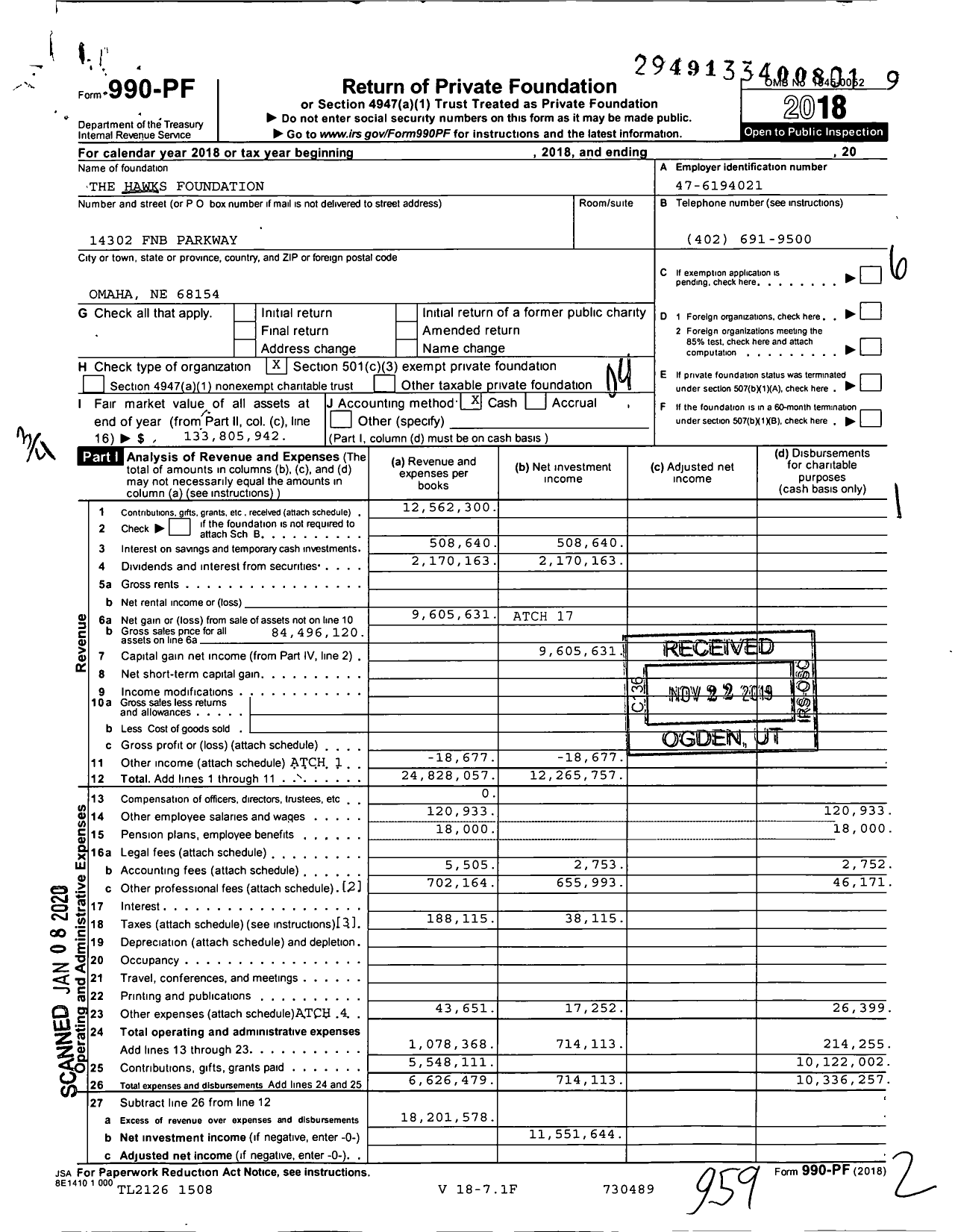 Image of first page of 2018 Form 990PF for The Hawks Foundation