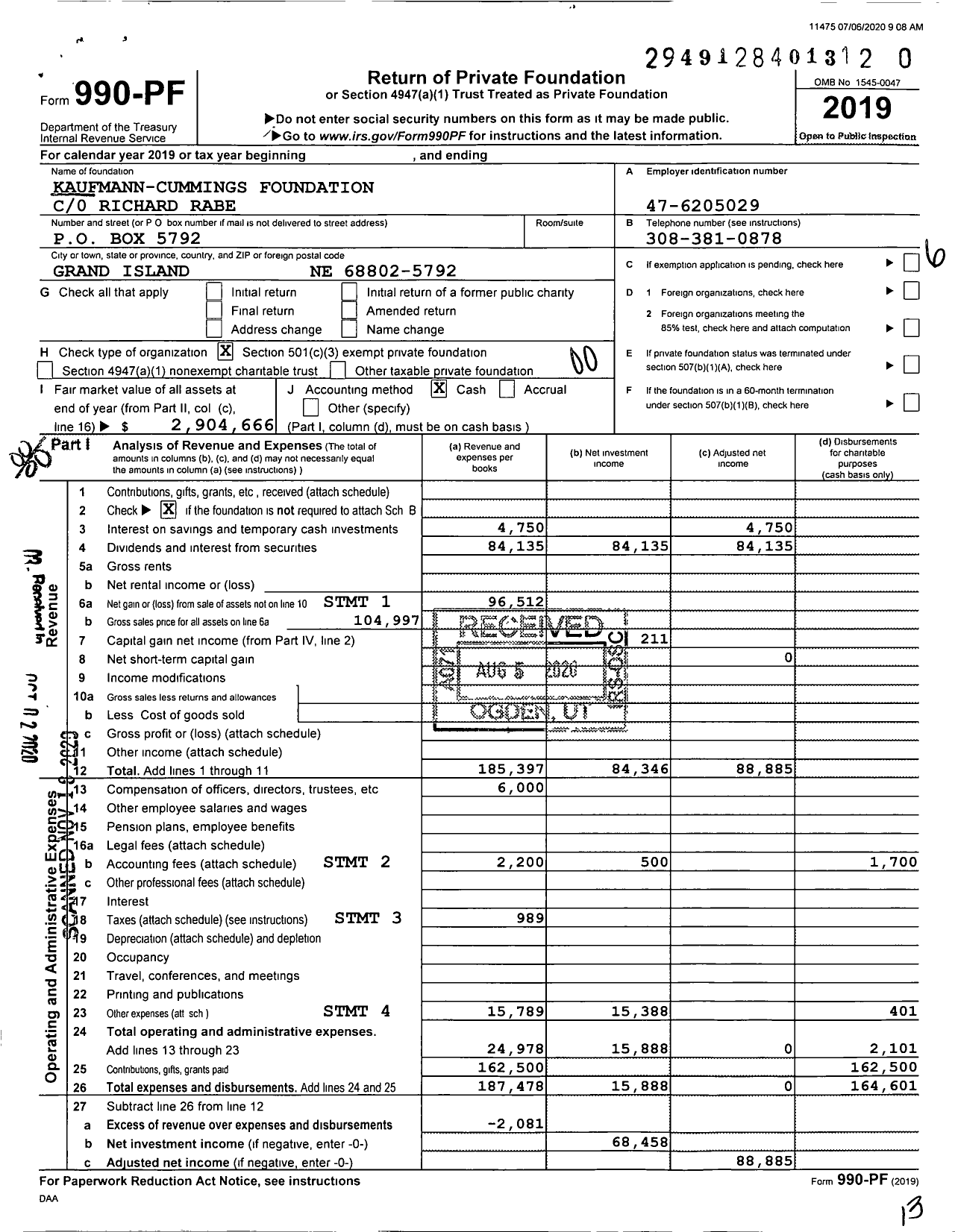 Image of first page of 2019 Form 990PF for Kaufmann-Cummings Foundation C / 0 Richard Rabe