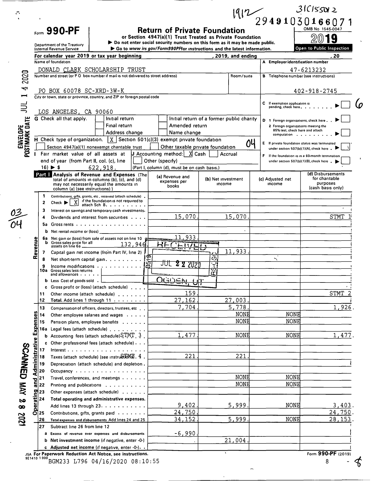 Image of first page of 2019 Form 990PF for Donald Clark Scholarship Trust