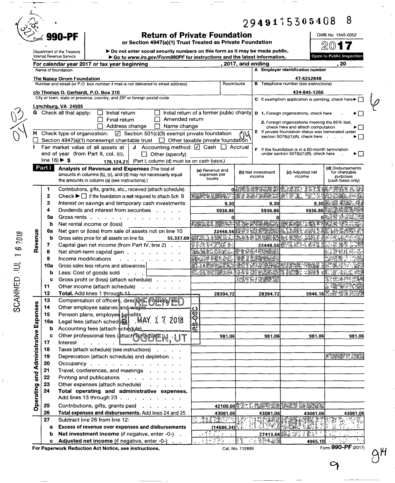 Image of first page of 2017 Form 990PF for The Nancy Dirom Foundation