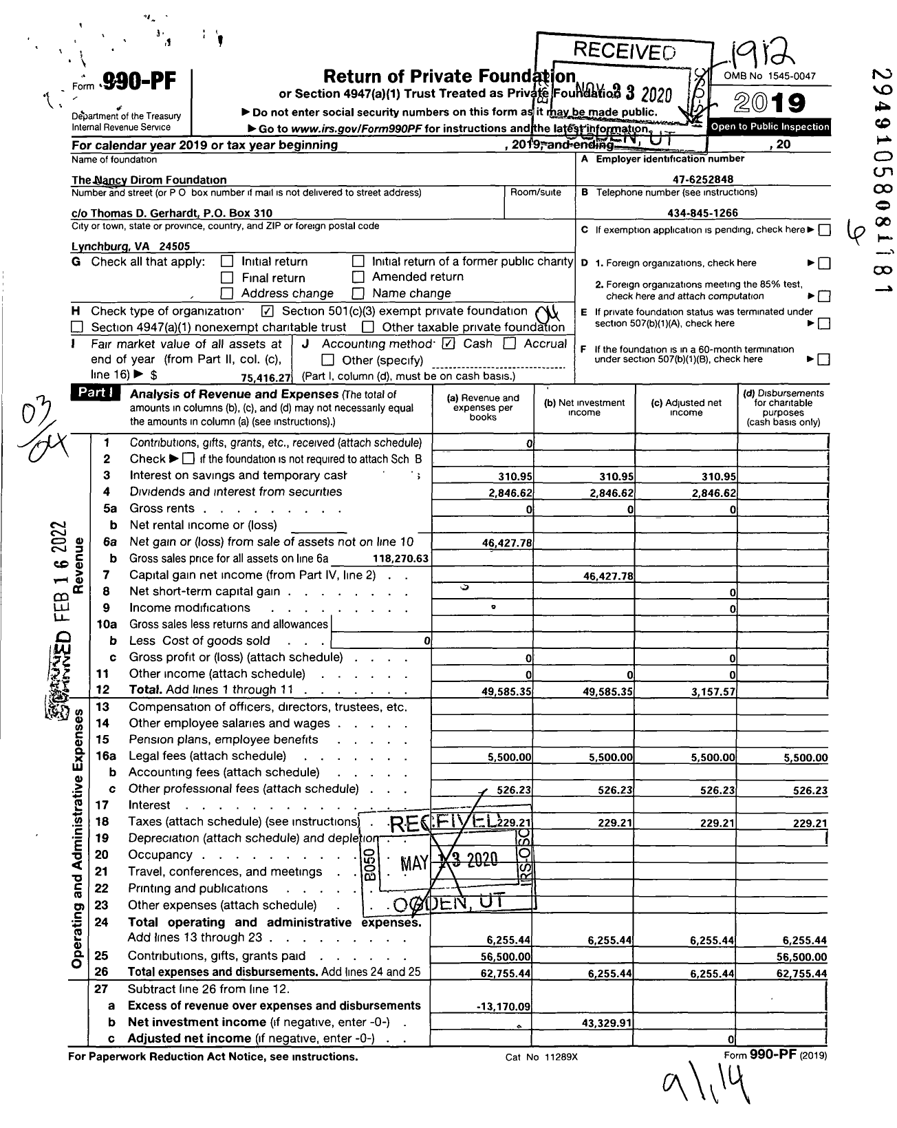 Image of first page of 2019 Form 990PF for The Nancy Dirom Foundation