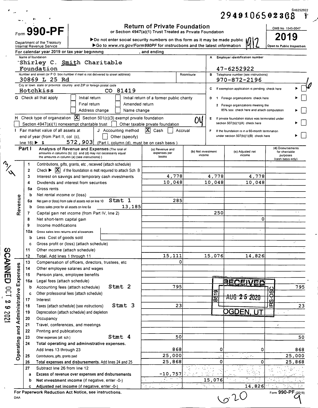 Image of first page of 2019 Form 990PF for Shirley C Smith Charitable Foundation