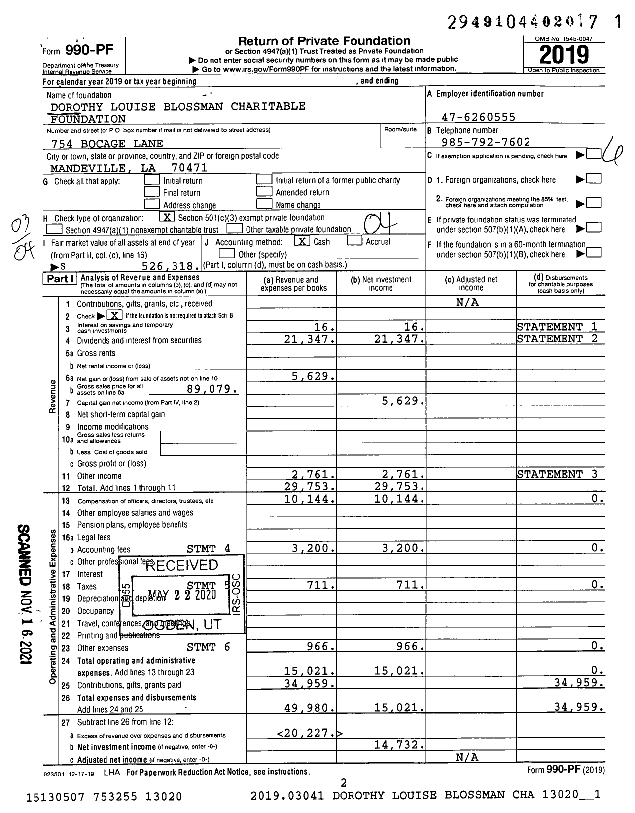 Image of first page of 2019 Form 990PF for Dorothy Louise Blossman Charitable Foundation