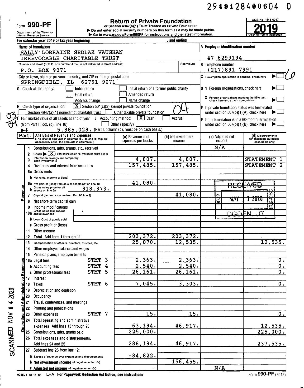 Image of first page of 2019 Form 990PF for Sally Lorraine Sedlak Vaughan Irrevocable Charitable Trust