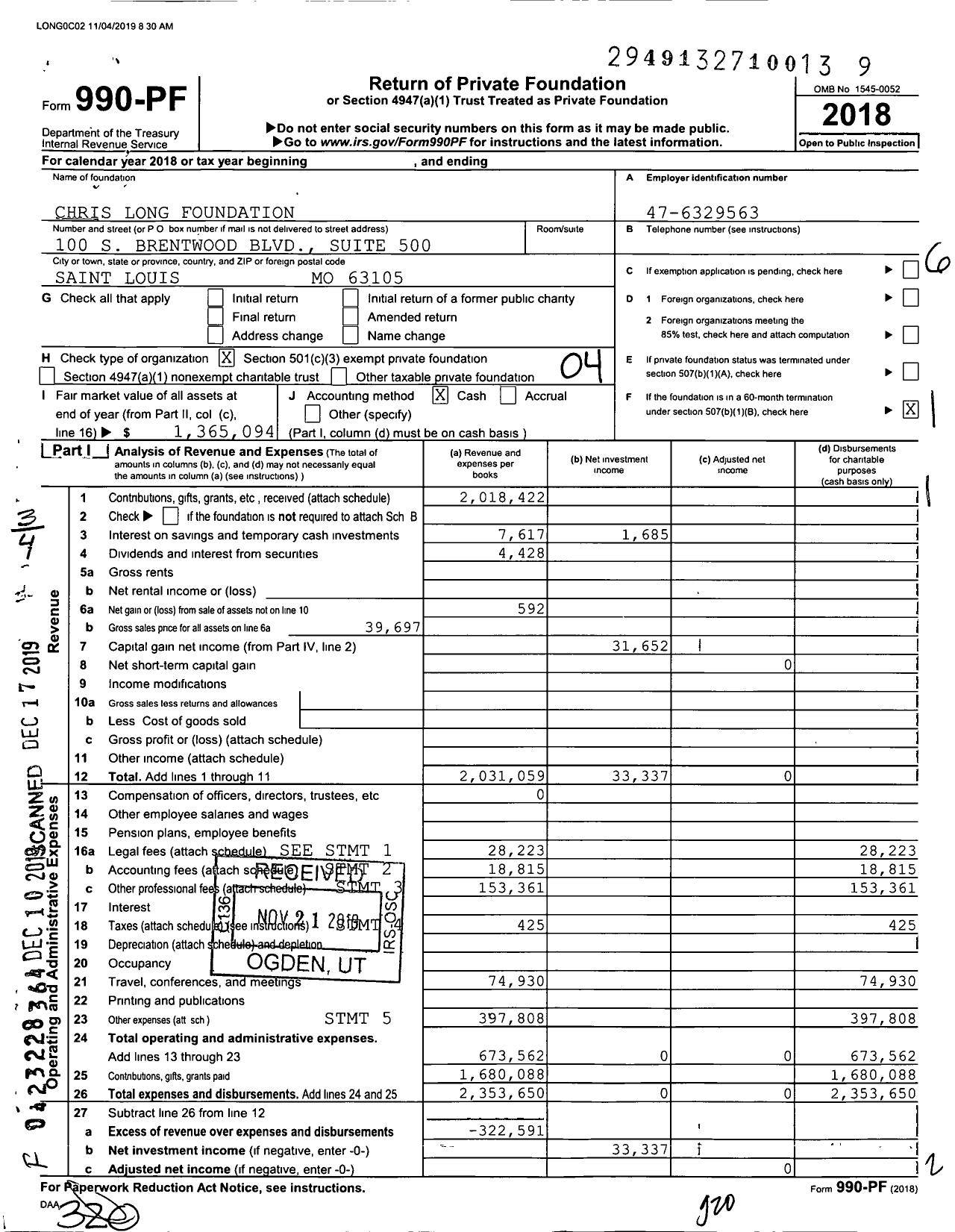 Image of first page of 2018 Form 990PF for Chris Long Foundation