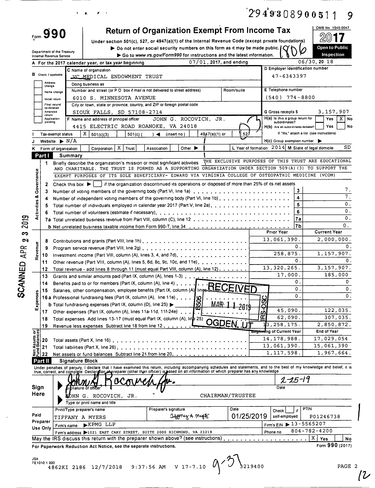 Image of first page of 2017 Form 990 for VC Medical Endowment Trust