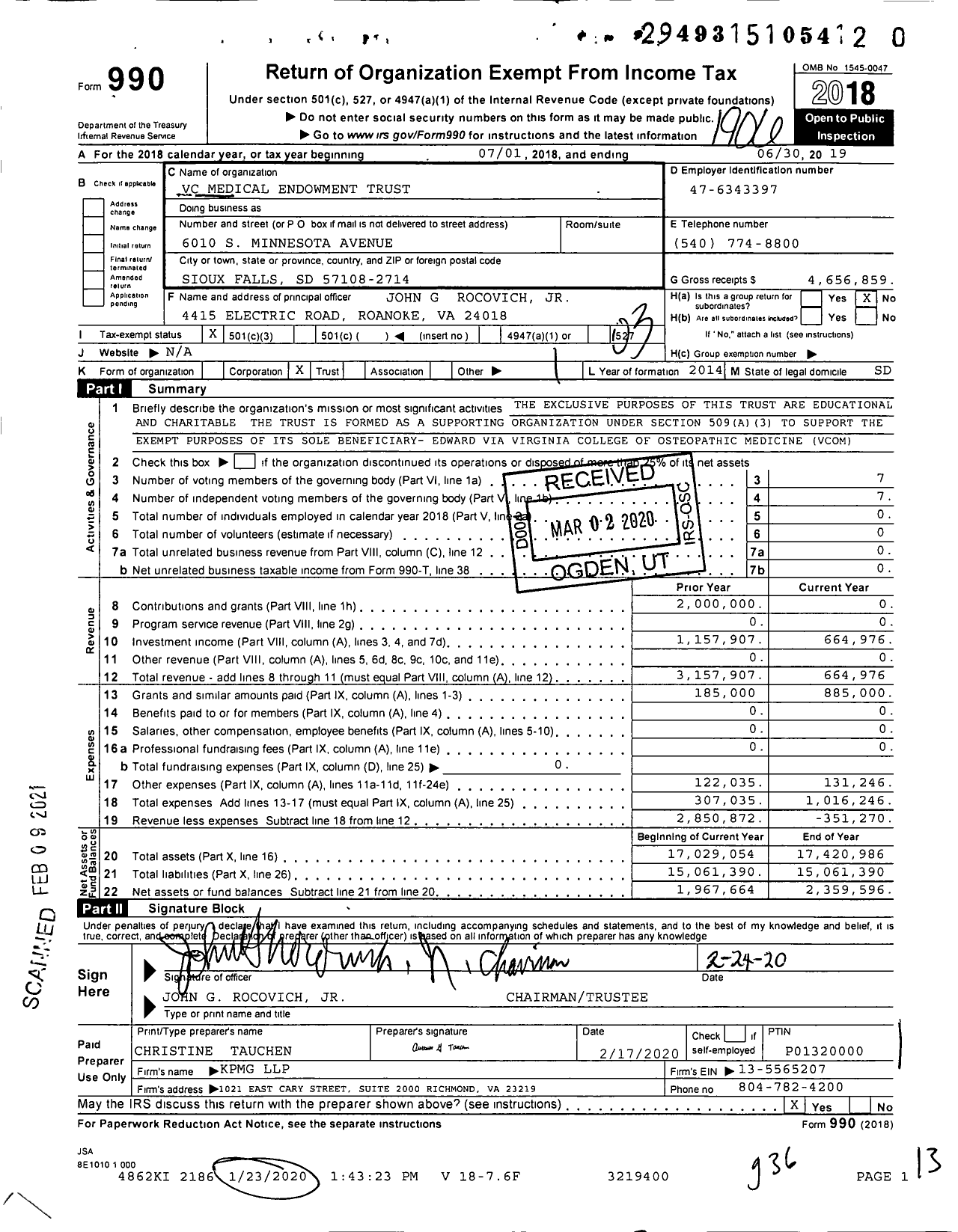 Image of first page of 2018 Form 990 for VC Medical Endowment Trust