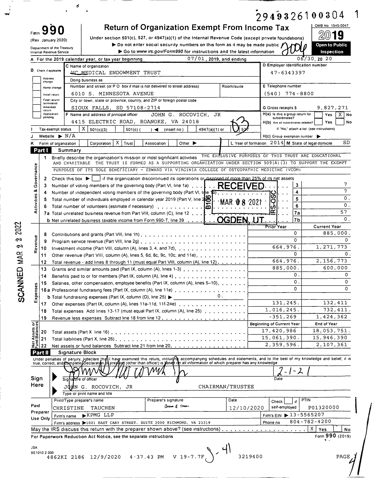 Image of first page of 2019 Form 990 for VC Medical Endowment Trust