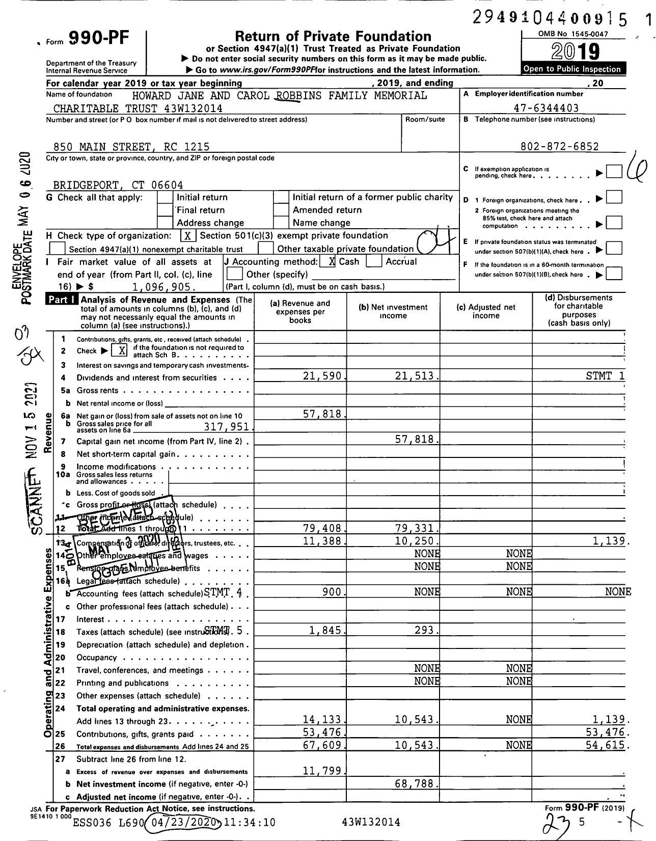 Image of first page of 2019 Form 990PF for Howard Jane and Carol Robbins Family Memorial