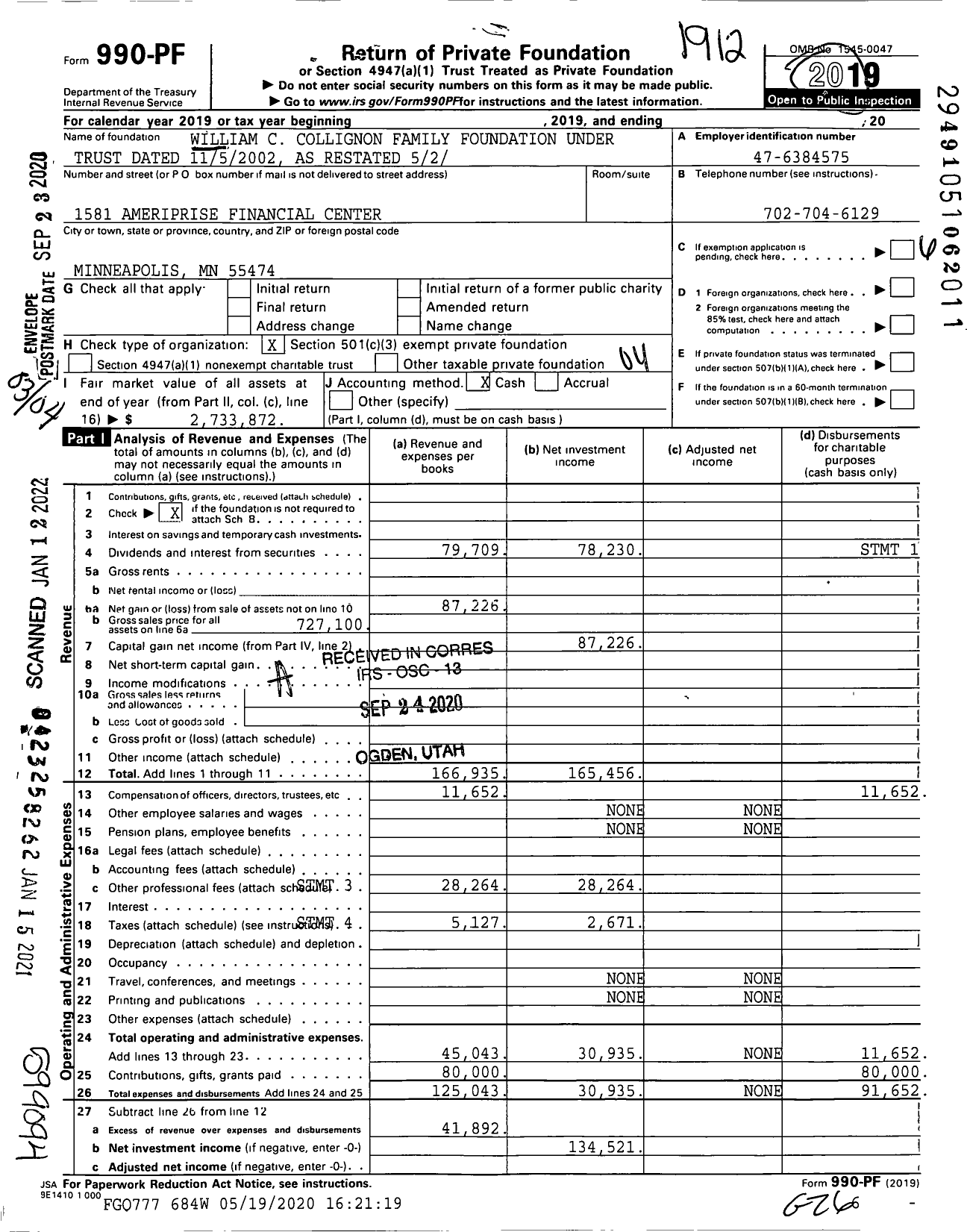 Image of first page of 2019 Form 990PF for William C Collignon Family Foundation Under