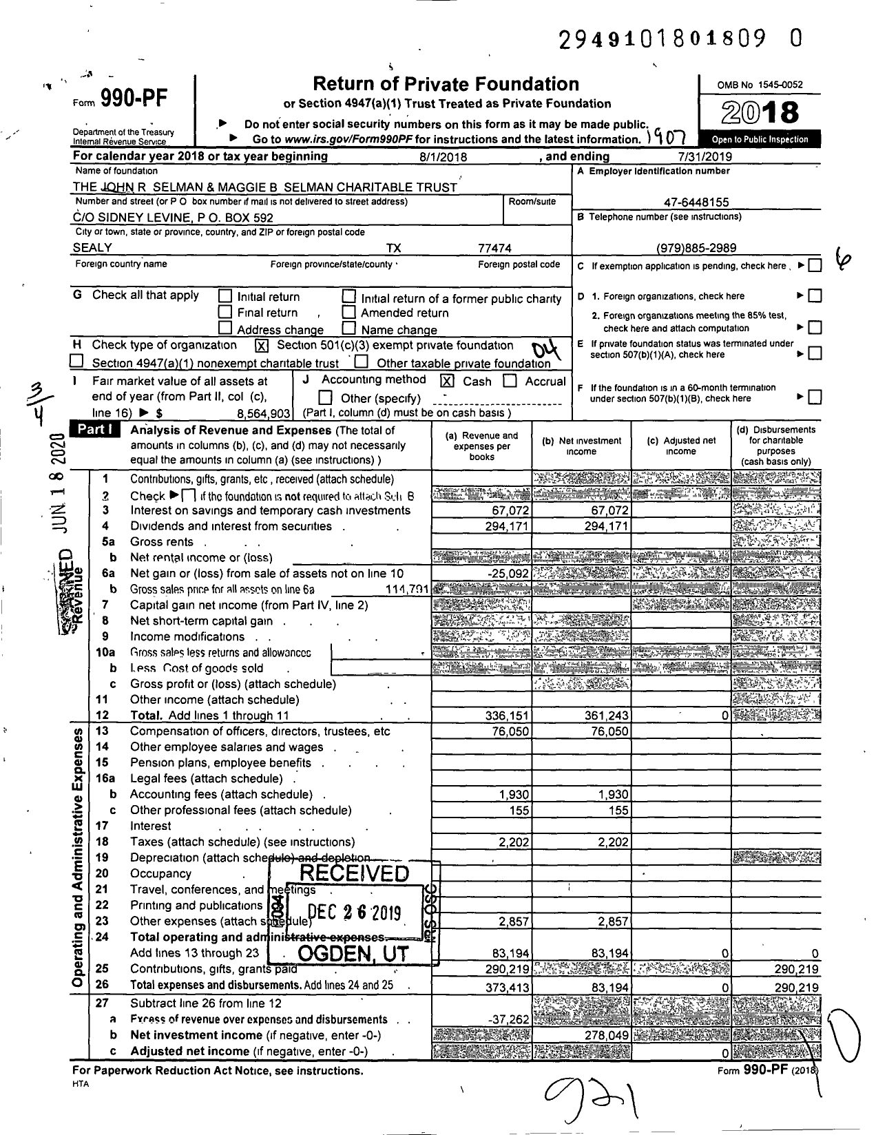 Image of first page of 2018 Form 990PR for The John R Selman and Maggie B Selman Charitable Trust