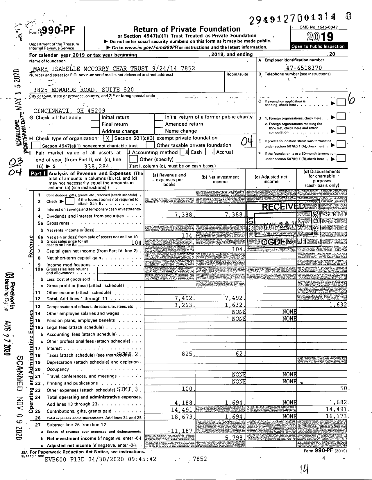 Image of first page of 2019 Form 990PF for Mary Isabelle Mccorry Char Trust 92414