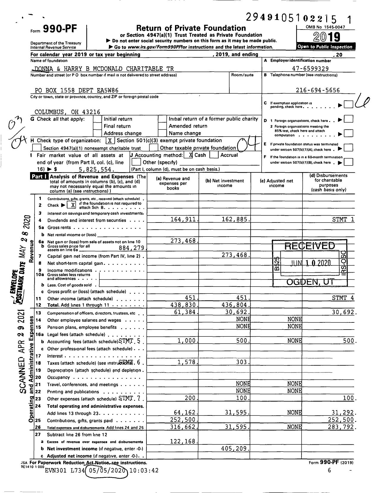 Image of first page of 2019 Form 990PF for Donna and Harry B Mcdonald Charitable Trust