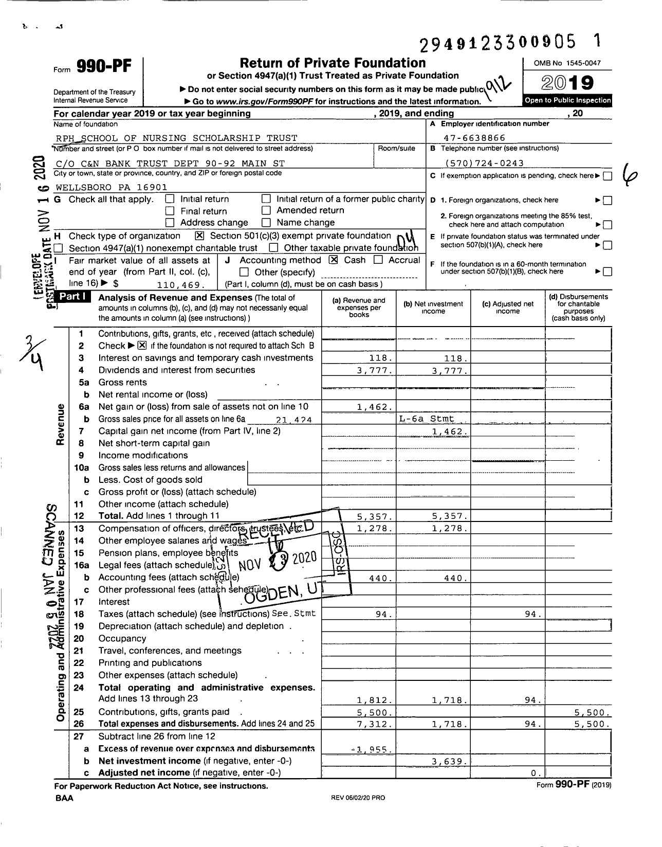 Image of first page of 2019 Form 990PF for RPH School of Nursing Scholarship Trust