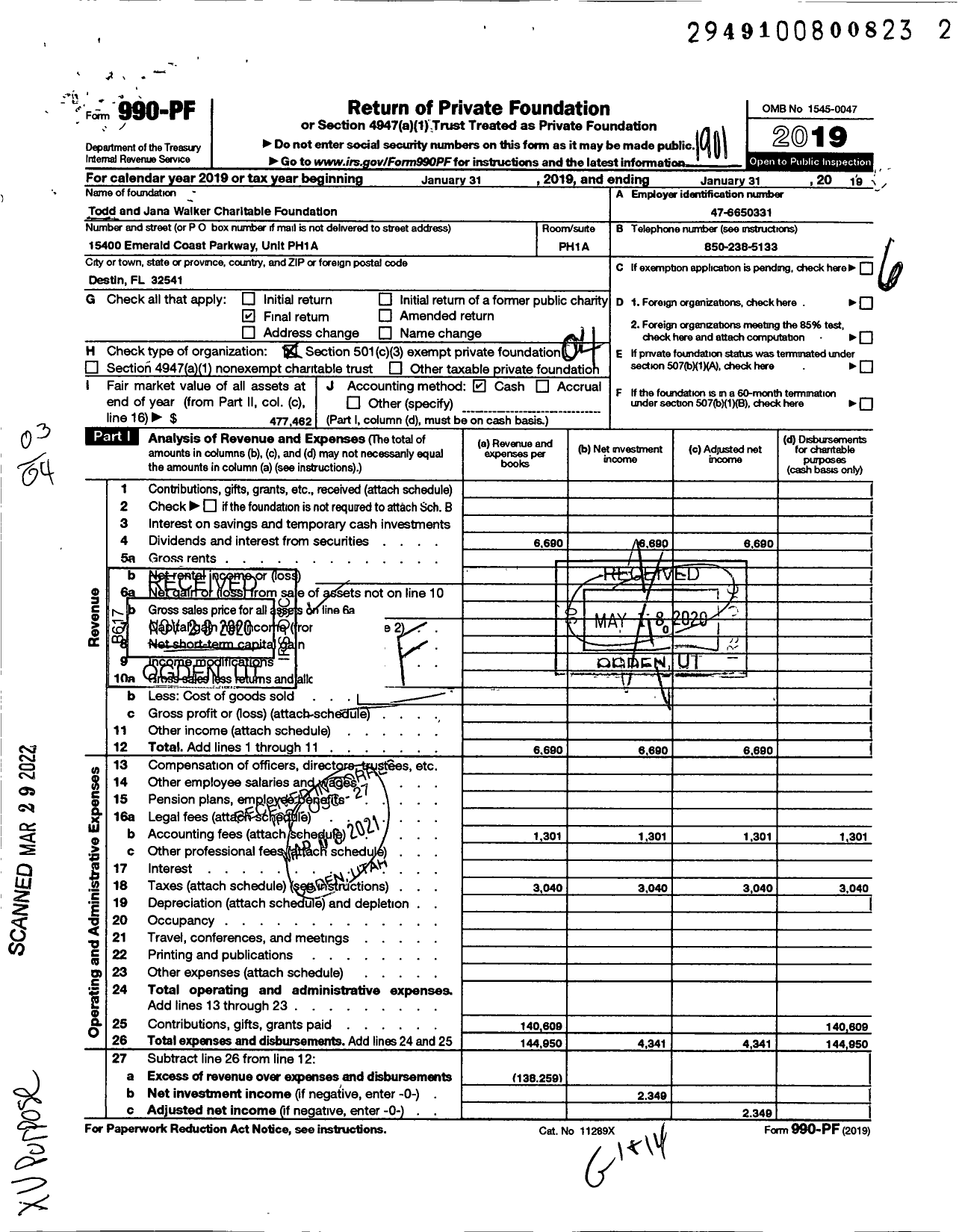 Image of first page of 2018 Form 990PF for Todd and Jana Walker Charitable Foundation