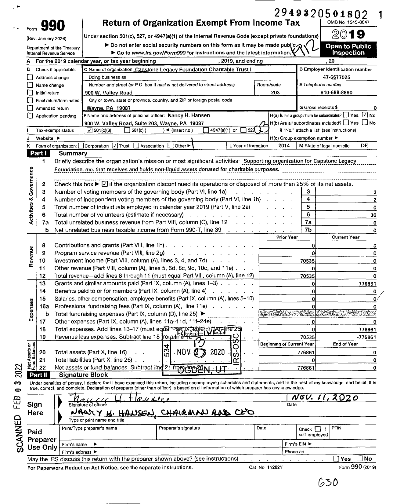 Image of first page of 2019 Form 990 for Capstone Legacy Foundation Charitable TR I