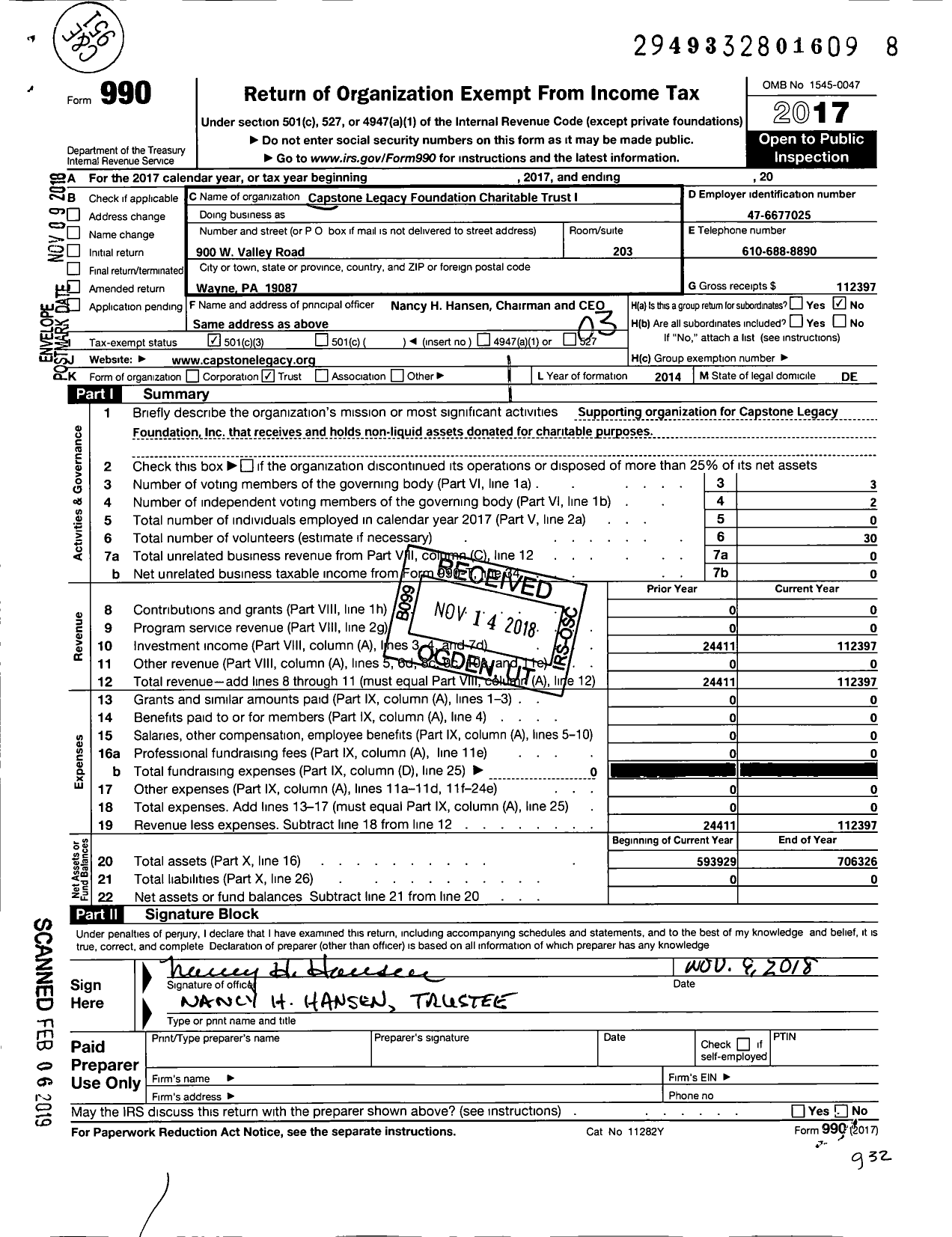 Image of first page of 2017 Form 990 for Capstone Legacy Foundation Charitable TR I