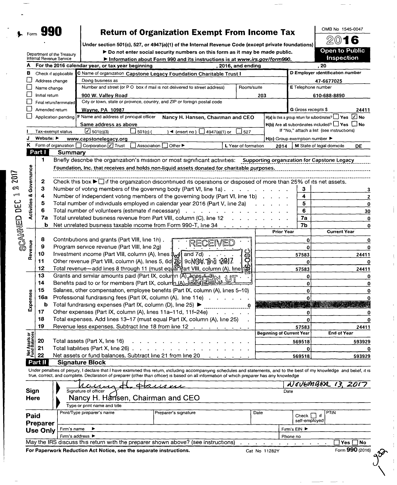 Image of first page of 2016 Form 990 for Capstone Legacy Foundation Charitable TR I