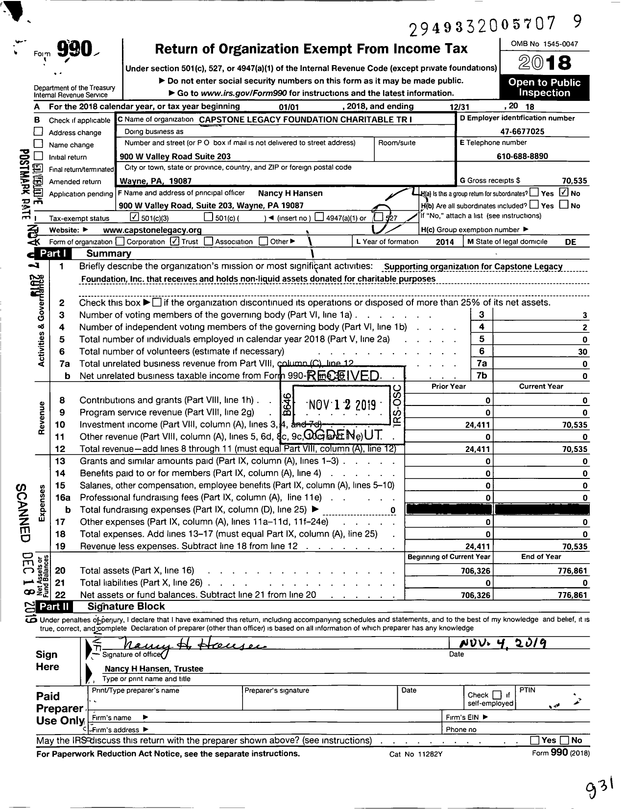 Image of first page of 2018 Form 990 for Capstone Legacy Foundation Charitable TR I