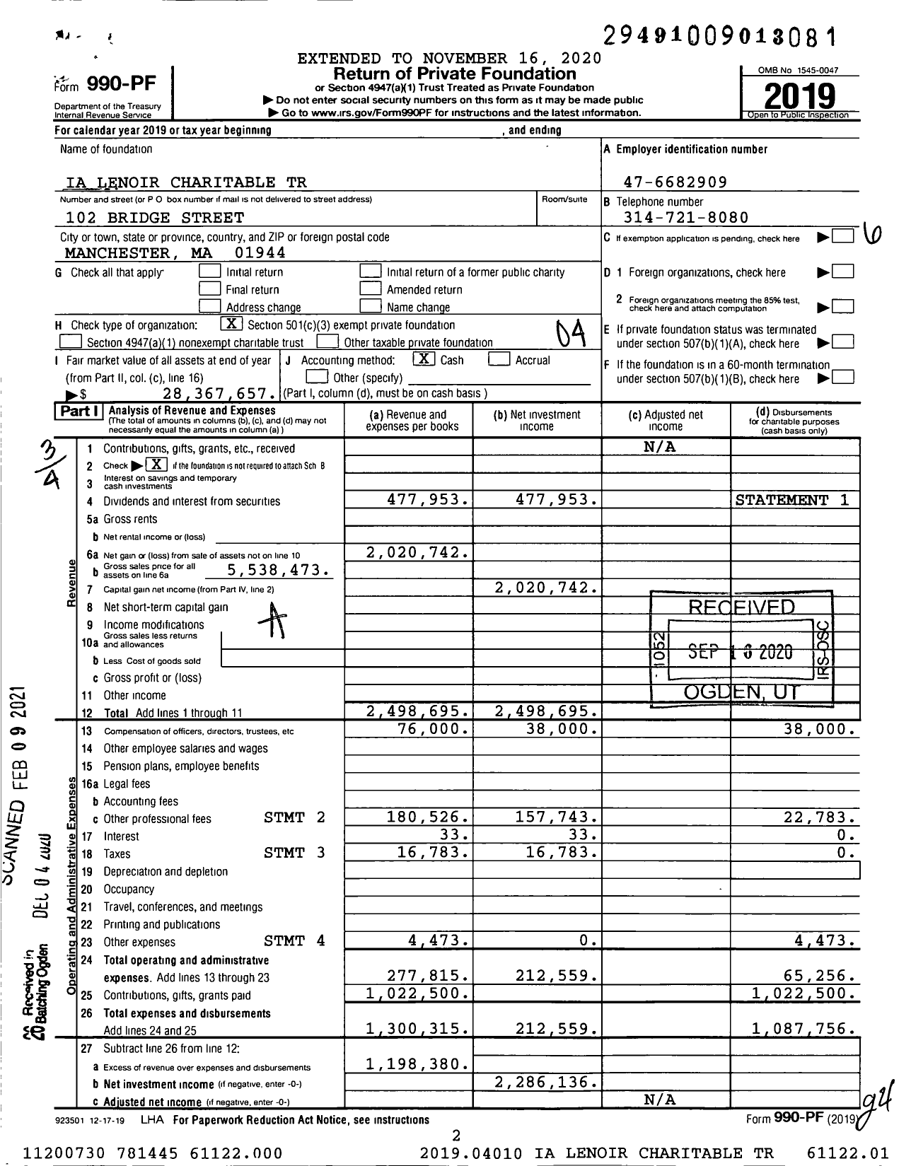 Image of first page of 2019 Form 990PF for Ia Lenoir Charitable Trust