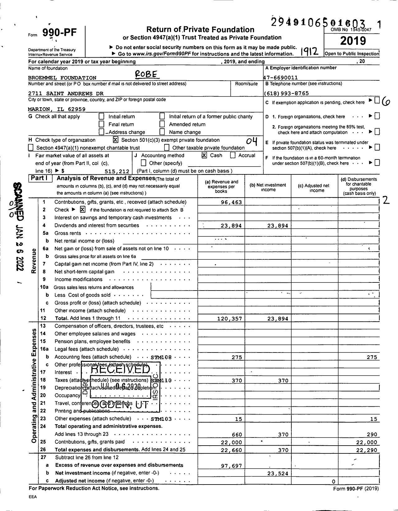 Image of first page of 2019 Form 990PF for Broemmel Foundation