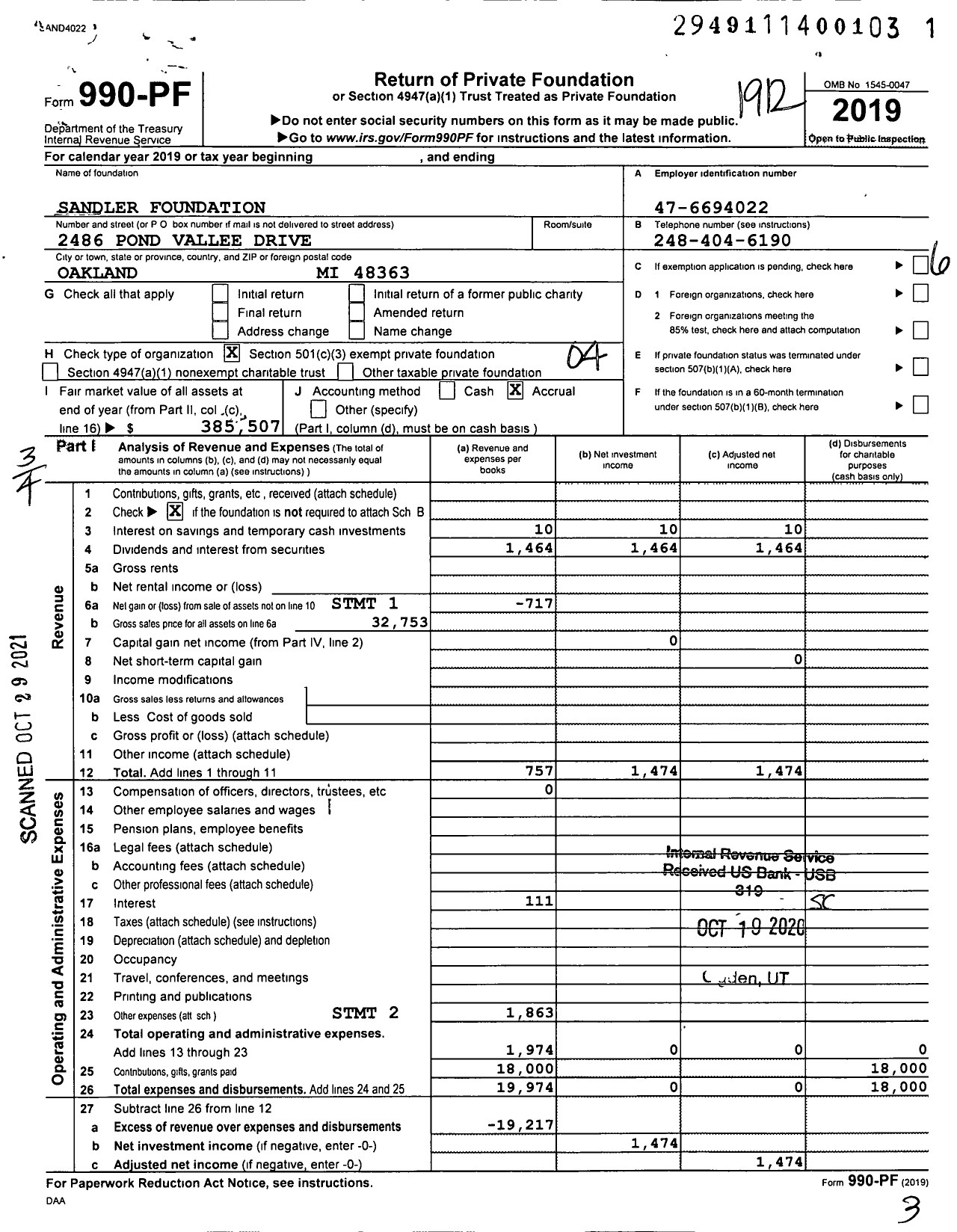 Image of first page of 2019 Form 990PF for Sandler Foundation / Greg Sandler Ttee